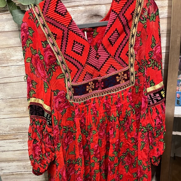 Free People Bold Blooms Embroidered Dress oversized red gold - Picture 11 of 12